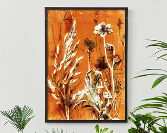 Boho Wall Art Orange Abstract Fine Art Print Herbs and Florals Painting, Burnt Orange Wall Decor, Fine Art Print, Eclectic Living Room Art