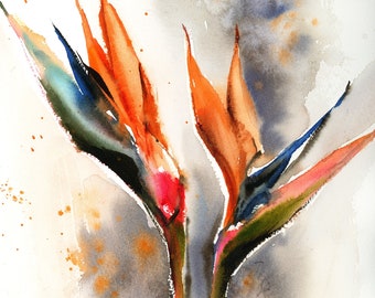 Watercolor Print Bird of Paradise Tropical Flowers Painting, Floral Wall Art, Florals Painting, Botanical Wall Decor, Fine Art Print