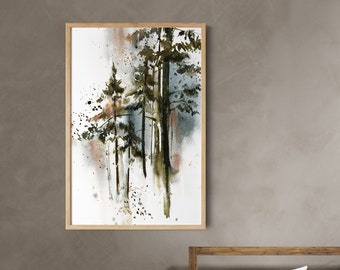 Pine Trees Art Print, Forest Watercolor Painting, Evergreen Woodland Forest Wall Decor