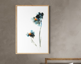 Blue Minimalist Flower Watercolor Print, Floral Painting, Blue Abstract Wall Decor Print, Botanical Fine Art Print, Abstract Minimalist Art