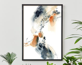 Abstract Fine Art Print in Blue and Terracotta Based on Original Watercolor Artwork, Large Art Print, Abstract Wall Decor, Abstract Painting