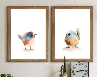 Cute Simple Birds Watercolor Prints, 2 Prints Gallery Wall Set, Bird Paintings, Pastel Tones Toddler Room Wall Decor, Bird Fine Art Prints