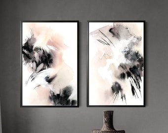 Abstract Art in Grey and Pastel Pink Colors 2 Pieces Wall Decor Fine Art Prints, Abstract Contemporary Paintings Wall Art, Neutral Prints