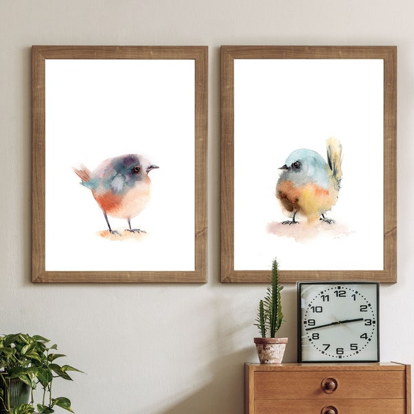 Cute Simple Birds Watercolor Prints 2 Piece Gallery Wall Set, Bird Paintings, Pastel Tones Toddler Room Wall Decor, Bird Fine Art Prints