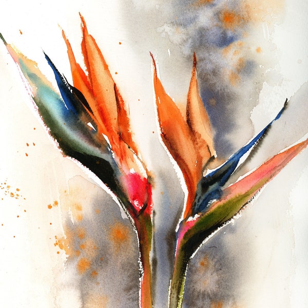 Watercolor Print Bird of Paradise Tropical Flowers Painting, Floral Wall Art, Florals Painting, Botanical Wall Decor, Fine Art Print