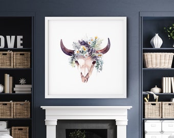 Bull Skull with Flowers Fine Art Print for Wall Decor, Bohemian Art Print, Cow Skull Wall Hanging Print