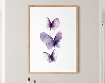 Butterfly Art Print, Minimalist Painting, Purple Butterflies Watercolor Print, 3 Butterflies Minimal Wall Art, Nursery Wall Decor, Fine Art
