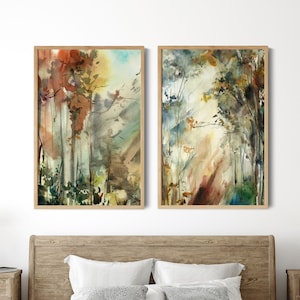 Forest Wall Art, Autumn Trees Paintings 2 Fine Prints Set, Nature Watercolor Art, Abstract Landscape Wall Decor, Woodland Forest Prints