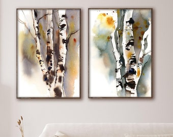 Birch Trees 2 Art Prints Set, Tree Watercolor Painting, Set of 2 Fine Art Prints, Birch Forest Woodland Decor, Nature Art