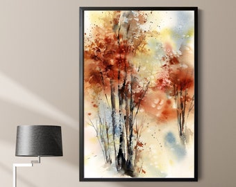 Autumn Landscape Print, Fall Watercolor Print, Autumnal Trees Painting, Large Wall Art, Abstract Nature Art Print, Seasonal Art Decor