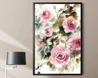 Roses Painting, Floral Botanical Watercolor Print, Pink Green Flowers, Floral Wall Decor, Roses Fine Art Print, Roses Wall Art