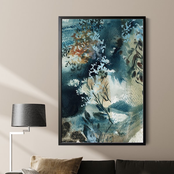 Abstract Botanical Fine Art Print for Interior Wall Decor in Teal and Amber Colors, Abstract Florals Watercolor Painting Artwork Wall Art