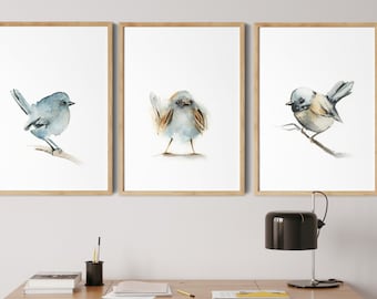Wall Decor 3 Pieces Bird Art Prints Set, Minimalist Birds Paintings, Watercolor Illustrations, Pastel Colors Birds Wall Prints, Bird Art