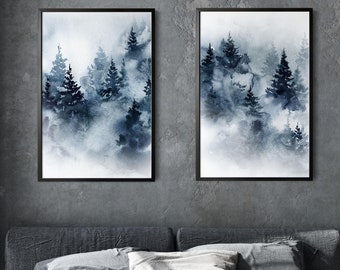 May include: Two framed watercolor prints of a misty forest scene in shades of blue and gray. The artwork features tall evergreen trees emerging from a foggy atmosphere. The prints are displayed above a gray upholstered bed with matching bedding.