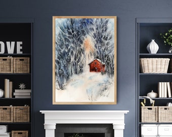 Winter Landscape Giclee Print, Snowy Forest And Red Cabin Watercolor Painting, Christmas Gift, Winter Art, Holiday Fine Wall Art Home Decor