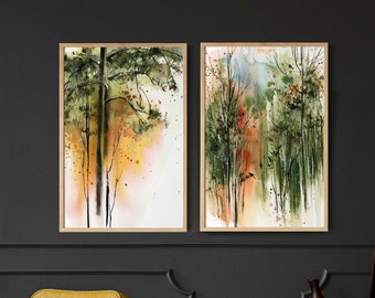 Set di 2 stampe artistiche raffiguranti alberi verdi nella foresta, dipinto ad acquerello della natura boschiva, decorazione murale a tema forestale.