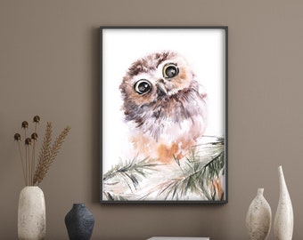 Owl Watercolor Painting, Art Print, Nursery Woodland Fine Art Print, Owl Watercolor Art, Owl Wall Art Print, Cute Bird, Jungle Nursery Decor