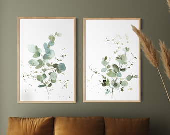 Pinturas de hojas de eucalipto, impresiones de acuarela de vegetación, conjunto de 2 impresiones de bellas artes, decoración de pared botánica abstracta, 2 piezas de impresiones de arte de pared verde