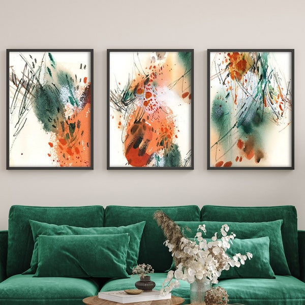 Abstract Watercolor Paintings Set of 3 Pieces Fine Art Prints Wall Art Emerald Green and Orange Home Wall Decor, Abstract Art Prints Set