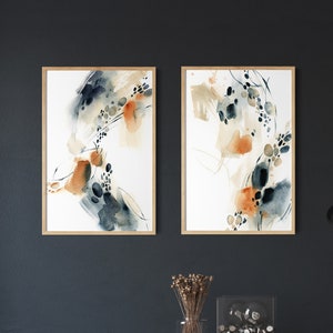 Abstract Gallery Wall Set of 2 Art Prints, Blue Burnt Orange Wall Art, Abstract Watercolor Paintings, Living Room Home Decor, Art Prints