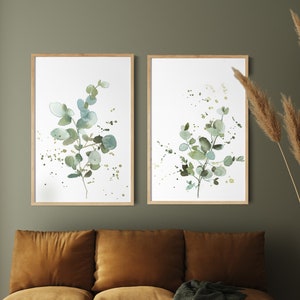 Eucalyptus Leaf Paintings, Greenery Watercolor Prints, 2 Fine Art Prints Set, Abstract Botanical Wall Decor, 2 Pieces Green Wall Art Prints