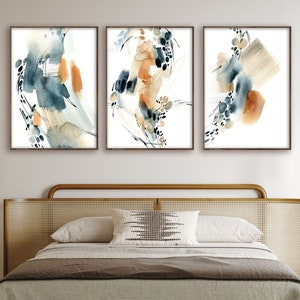 Set of 3 Abstract Art Wall Prints Decor, Blue Burnt Orange Bedroom Wall Art, Large Prints, Abstract Watercolor Print, Abstract Paintings
