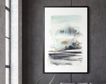 Abstract Landscape Painting, Minimalist Landscape Art Print, Neutral Grey Colors Wall Decor, Abstract Nature Watercolor Wall Art, Large Art