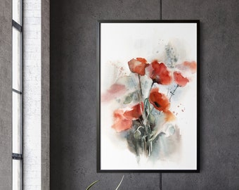 Red Poppy Flowers Watercolor Painting, Fine Art Print, Flowers Botanical Wall Art Print, Giclee Print, Poppies Watercolor Print, Floral Art