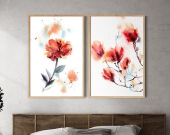 Red Flowers 2 Prints Set, Peony and Magnolia Set of 2 Fine Art Prints, Floral Botanical Watercolor Painting Wall Art Set, Floral Prints Art