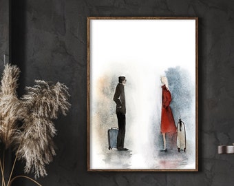 Couple in Love Painting Art Print, The meeting - Love Story watercolor print, love painting art, Minimalist Love Wall Fine Art Print