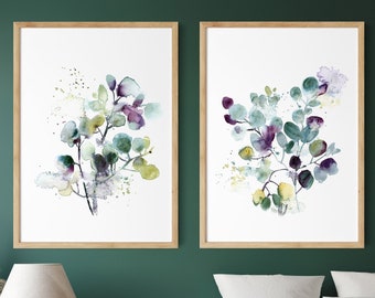 Hojas de eucalipto abstractas, 2 piezas, impresiones artísticas de pared, pinturas botánicas, galería de pared, juego de 2 impresiones de bellas artes, arte abstracto en verde y morado