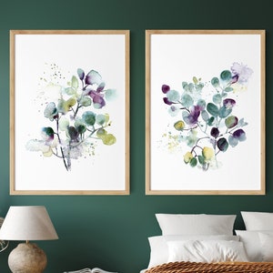 Abstract Eucalyptus Leaves 2 Pieces Wall Art Prints Botanical Paintings Gallery Wall Set of 2 Fine Art Prints Abstract Art in Green Purple