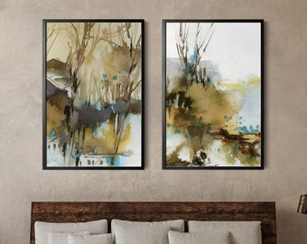 Earthy Tones Wall Art, Abstract Nature Gallery Wall Set of 2 Prints, Landscape Watercolor Art, Abstract Paintings, Living Room Decor Prints