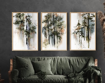 Forest 3 Fine Art Prints, Tree Watercolor Art, Pine Trees Painting, Green Nature Art, Woodland Wall Decor, Pine Forest Gallery Wall Prints