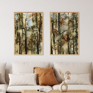 Forest Art Prints, Abstract Nature Landscape Wall Art, Set Of 2 Forest Wall Art Paintings, Tree Watercolor Prints Nature Woodland Wall Decor