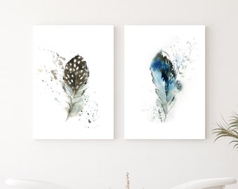 Two Art Prints of Feathers, Minimalist Blue Brown Watercolor Painting, Gallery Wall Set of 2 Art Prints, Feather Art, Wall Decor Prints Set