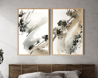 Earth Tones Wall Prints Set of 2, Abstract Floral Watercolor Painting, Fine Art Prints Set, Large Prints, Brown Neutral Colors Bedroom Decor