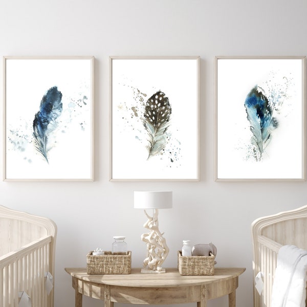 Feathers Paintings, 3 Prints Set, Blue and Brown Feather Watercolor, Gallery Wall Set of 3 Fine Art Prints, Celestial Bedroom Wall Decor Art