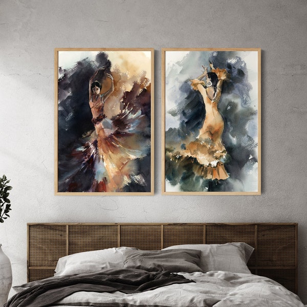 Flamenco Dancers Painting, Art Prints, Dance Watercolor Prints, Abstract Dark Background Large Wall Prints Flamenco Set of 2 Fine Art Prints