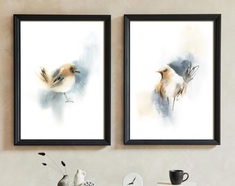 Cute Birds 2 Art Prints, Watercolor Illustrations of Birds, Pastel Minimalist Bird Painting Art