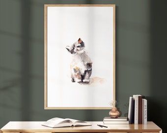 Cute Kitten Art Print, Black Orange Kitten Watercolor Painting, Cat Giclée Print, Minimalist Cat Wall Print, Kitty Art Print