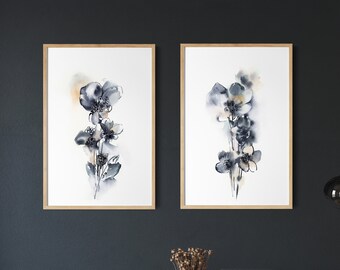Blue Floral Watercolor 2 Giclee Prints Set, Abstract Botanical Paintings, Minimalist Floral Watercolor Prints