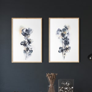 Abstract Flowers Wall Prints, Giclee Prints Set of 2, Blue Floral Painting, Watercolor Print Set, Blue Botanical, Living Room Wall Decor Art