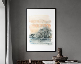 Landscape Watercolor Art Print, Nature Abstract Wall Decor, Nature Painting, Grey Blue Wall Print, Extra Large Nature Wall Art Print