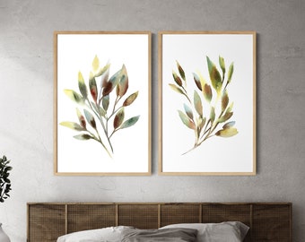 Botanical Leaves 2 Art Prints, Green Colors Leaf Watercolor Paintings, Set of 2 Fine Art Prints, Greenery Wall Decor, Green Wall Decor