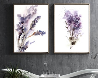 Purple Florals Painting, Set of 2 Art Prints, Abstract Lavender Lilac Flowers Wall Decor, Bathroom Wall Art, Botanical Watercolor Prints Set