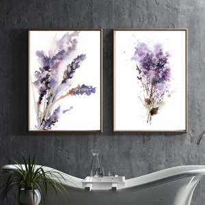 Purple Florals Painting, Set of 2 Art Prints, Abstract Lavender Lilac Flowers Wall Decor, Bathroom Wall Art, Botanical Watercolor Prints Set