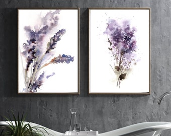 Juego de 2 impresiones artísticas de flores moradas, acuarela semiabstracta de lavanda y lila, decoración de pared, arte botánico.