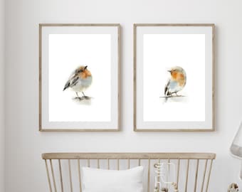 Art Prints Set, Bird Watercolor Painting, Robin Bird, Cute Little Birds, Set of 2 Fine Art Prints, Bird Painting, Woodland Wall Prints Set