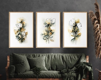 Floral Prints Set of Three Prints, Watercolor Painting, Abstract Flowers, Forest Green and Mustard Yellow Wall Prints, Modern Wall Decor